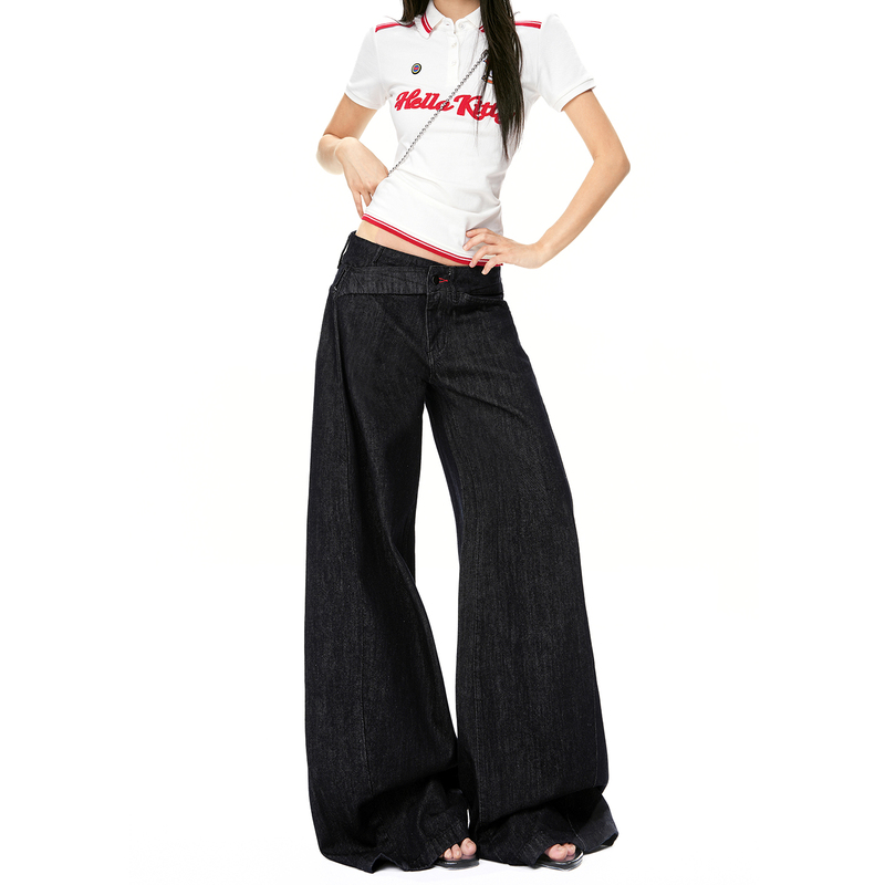 Kazalin Red Buttonhole Diagonal Waistband Original Color Wide-Leg Jeans for Women, Low-Waist, Drapey, Loose, Hip-Covering, Slimming Long Pants