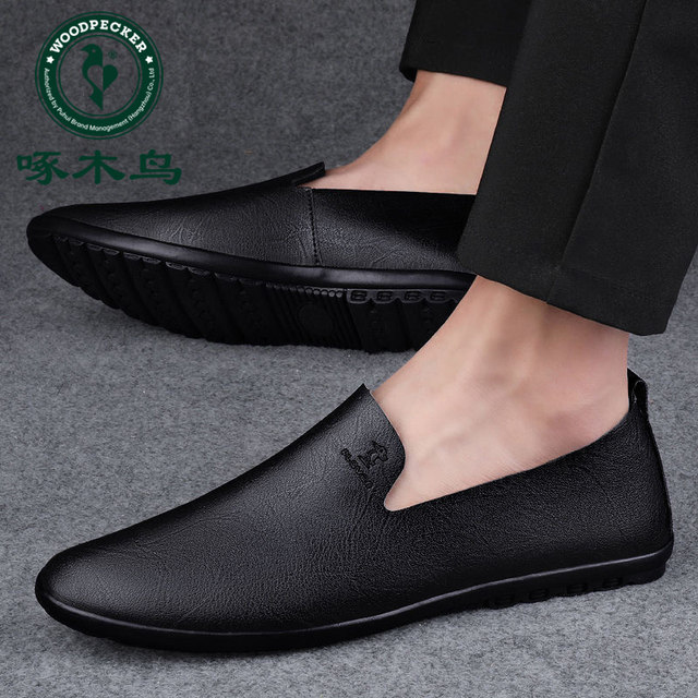 Woodpecker Leather Shoes Men's Genuine Soft Leather Summer Breathable Single Layer Casual Shoes Men's Soft Sole Lightweight Slip-on Lazy Shoes