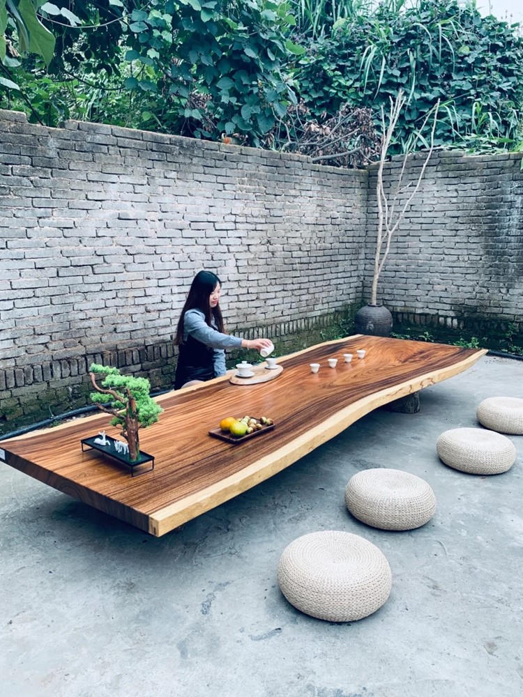 Large board tea table tea table Okan solid wood large plate log table top tea plate New Chinese tea table chair combined red wood table-Taobao