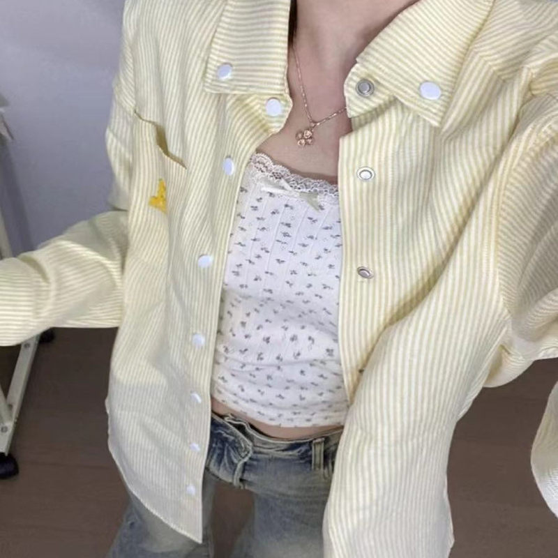 American Retro Yellow Stripesd Polo Collar Shirt Jacket for Women in Spring, Summer and Autumn, Loose Casual Cardigan, Lazy Style Top