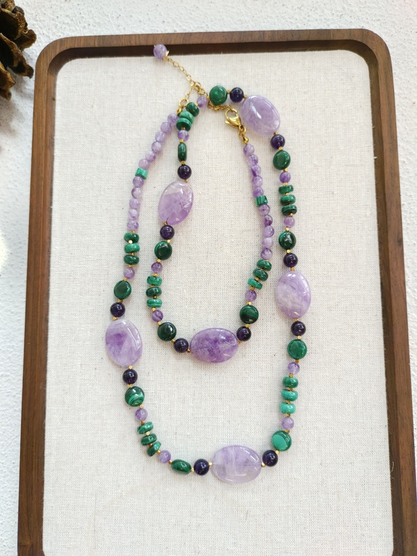 Island Vacation Style Bohemian Natural Gemstone Amethyst Malachite Handmade Beaded Long Necklace Sweater Chain