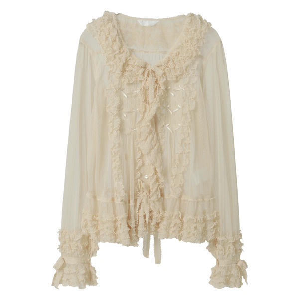 Pinkhouse Lightweight Dotted Yarn Heavy Lace Trim Bow Long-Sleeve Shirt Outerwear