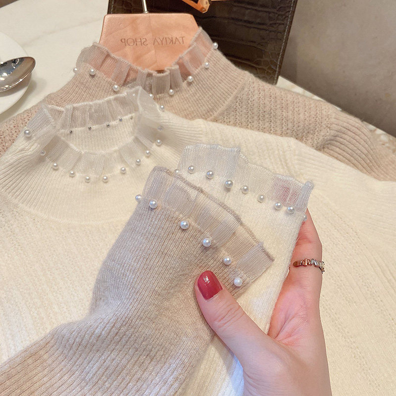 2022 heavy industry European goods beaded half-high collar soft waxy sweater women's winter design sense niche long-sleeved bottoming shirt