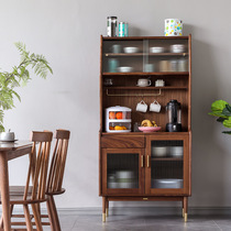 Nordic black walnut double-layer sideboard solid wood Japanese-style one-piece wall-mounted high cabinet modern simple tea cabinet wine cabinet