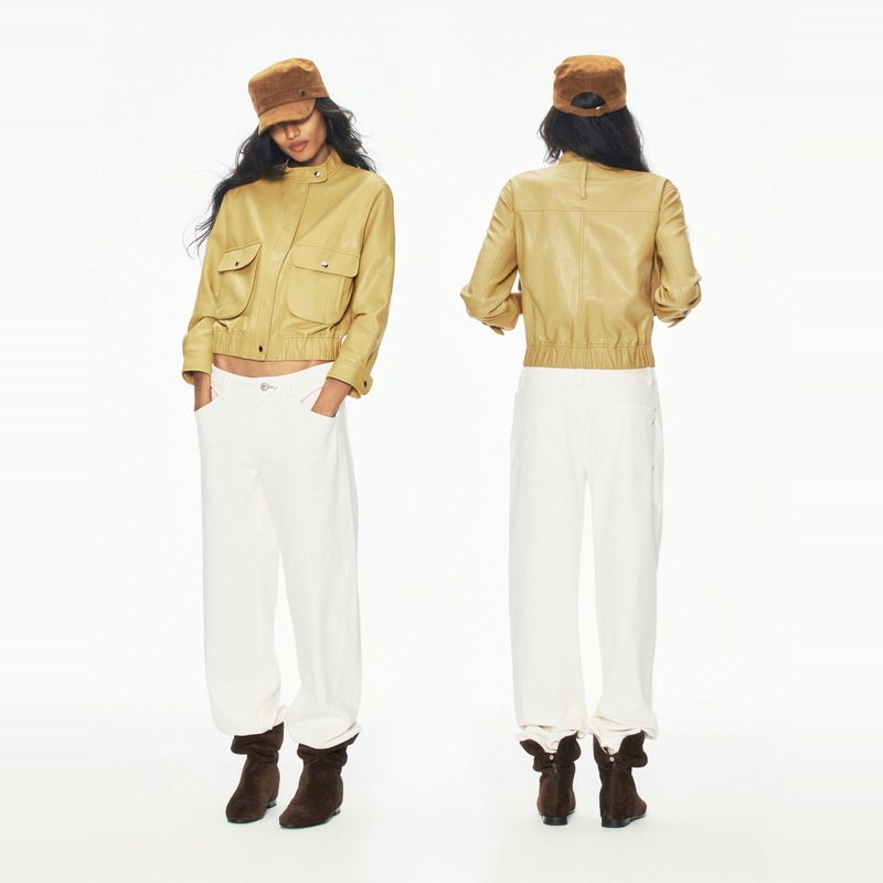 Rarely Alike Neat 3/4 Sleeve Short Hunting-Style Eco-Leather Jacket, Ginkgo Yellow Rarely Alike Neat 3/4 Sleeve Short Hunting-Style Eco-Leather Jacket, Ginkgo Yellow