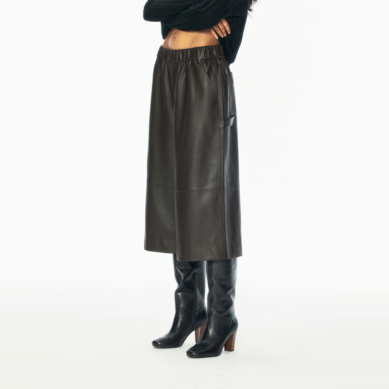 Rarely Alike Elastic Waist Wide-Leg Eco-Friendly Leather Capri Pants Sand Color/Dark Coffee Color