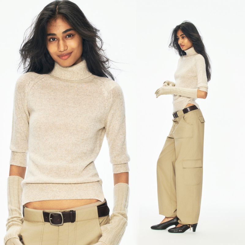 Rarely Alike High-Neck Mid-Sleeve Floral Yarn Knit Top, Sand Tea Color/Coffee Brown