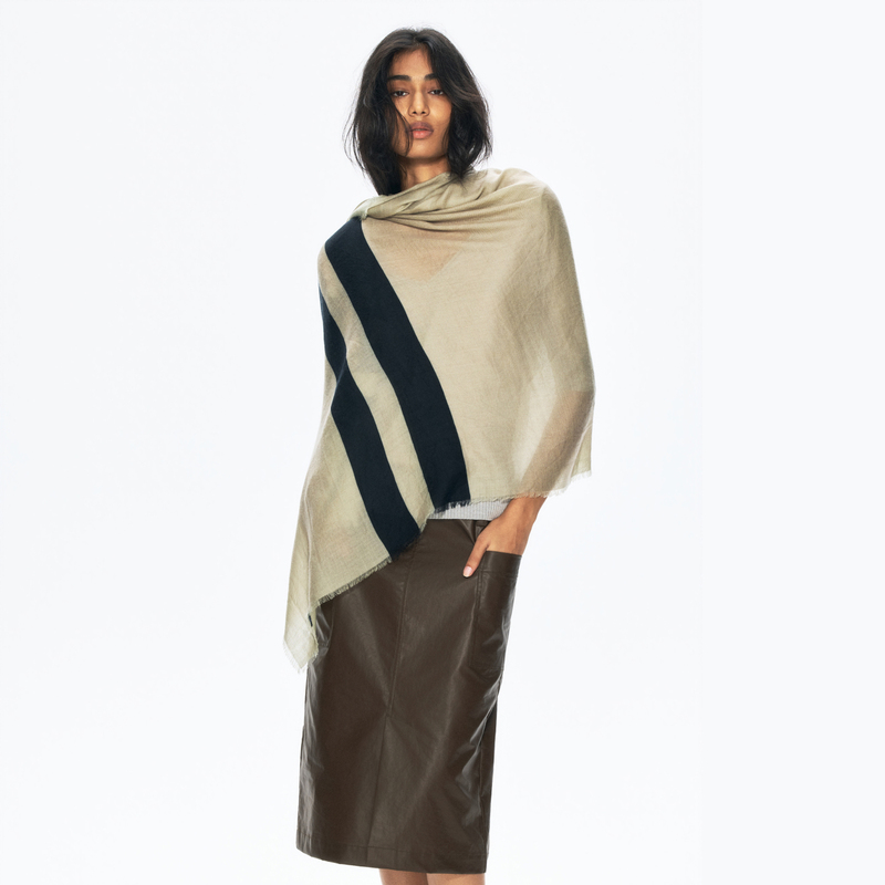 Rarely Alike Cashmere and Silk Blend Color-Blocked Striped Scarf, Sage Khaki Rarely Alike Cashmere and Silk Blend Color-Blocked Striped Scarf, Sage Khaki