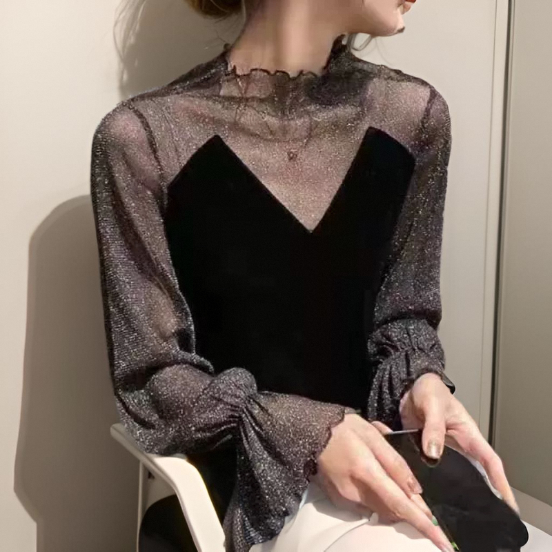 Spring and Autumn Plus-Size Women's Clothing Black Lace Fat Girl Velvet Mesh Shiny Silk Blouse Inner Layer Fleece-Lined Base Shirt Top Spring and Autumn Plus-Size Women's Clothing Black Lace Fat Girl Velvet Mesh Shiny Silk Blouse Inner Layer Fleece-Lined Base Shirt Top