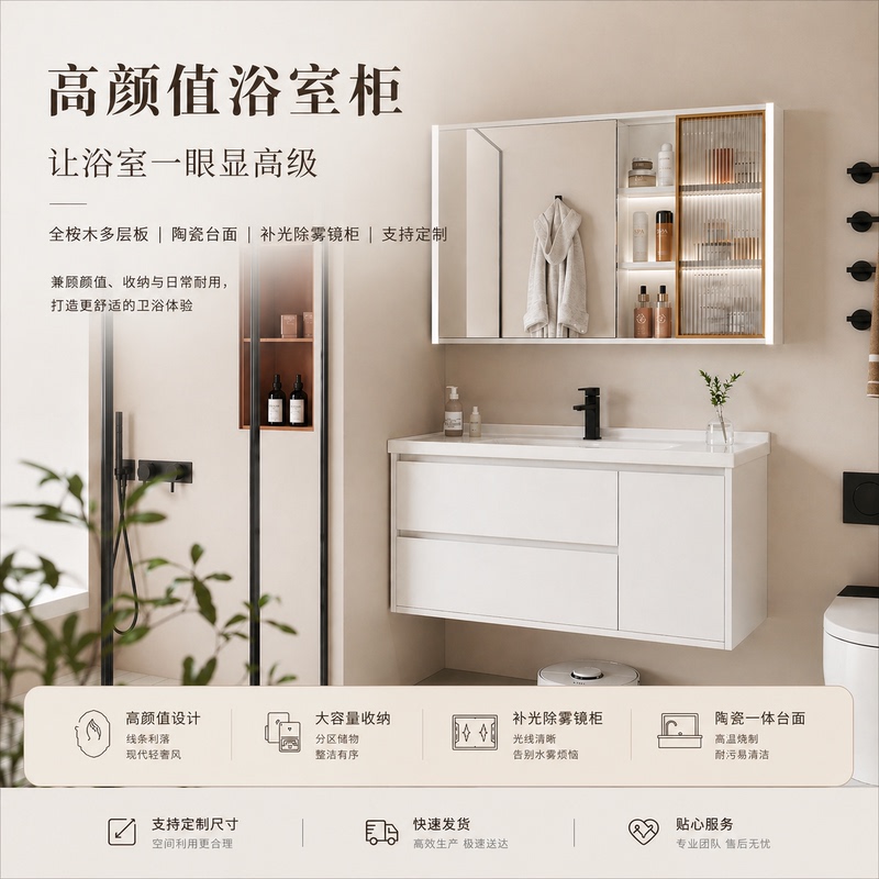All-Wood Multi-Layer Board Light Luxury Bathroom Cabinet with Integrated Ceramic Basin, Suspended Moisture-Proof Solid Wood Cabinet, Smart Mirror Cabinet, Washstand
