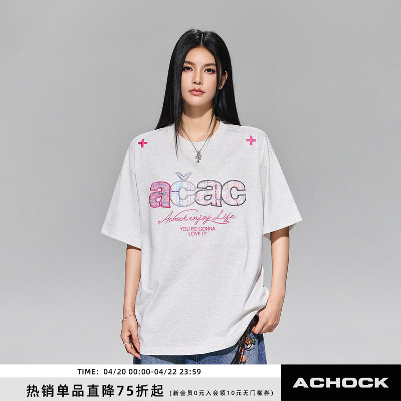 【Achock官方店】撞色贴布绣格子拼接半袖T恤夏季情侣圆领短袖t