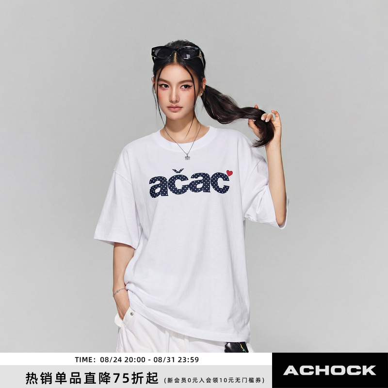 【Achock Official Store】Simple Korean-Style Polka Dot Logo Heart Print Short-Sleeve Skin-Friendly Comfortable Half-Sleeve T-Shirt