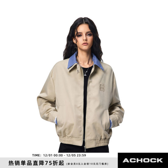 【Achock官方店】复古翻领夹克格子拼接短外套潮休闲工装上衣男女