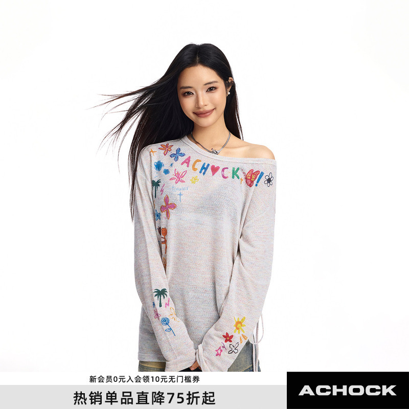 【Achock Official Store】Spicy Girl Pattern Print Asymmetrical Shoulder Long Sleeve T-Shirt Off-Shoulder Sun Protection Cover-Up Top 【Achock Official Store】Spicy Girl Pattern Print Asymmetrical Shoulder Long Sleeve T-Shirt Off-Shoulder Sun Protection Cover-Up Top