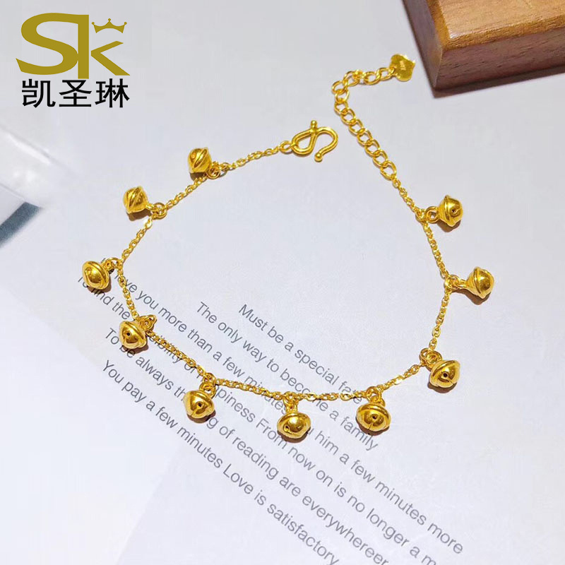 Gold Bell Anklet for Women Summer 999 Pure Gold Fashionable Shiny Bell Bracelet 3D Hard Gold Pure Gold Adjustable Tail Chain