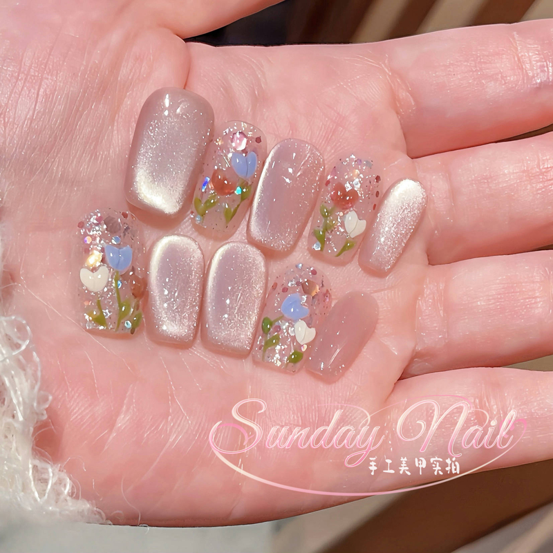 Spring New Handmade Cat-Eye Nail Art Wearable Nails Pure Desire Style Dazzling Colorful Sequins Hand-Painted Tulip 3D Flowers Spring New Handmade Cat-Eye Nail Art Wearable Nails Pure Desire Style Dazzling Colorful Sequins Hand-Painted Tulip 3D Flowers
