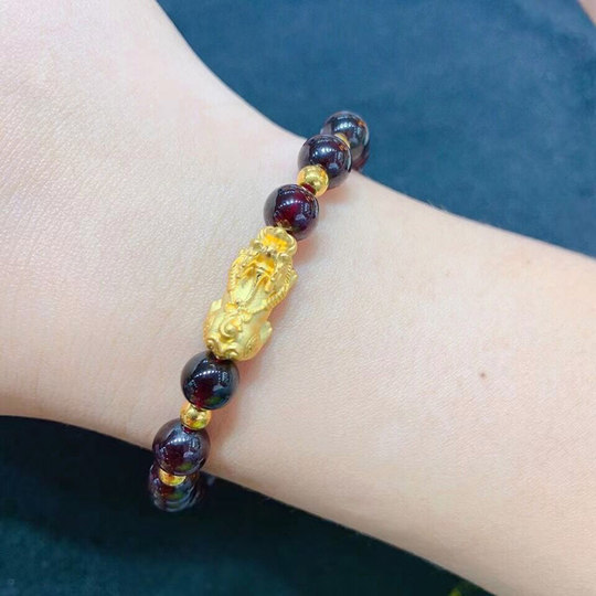 貔貅手链男女士款纯金皮丘招财黄金转运珠足金石榴石情侣手串