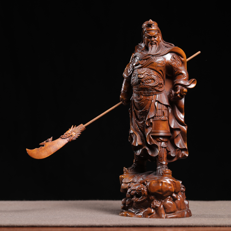 Antique-Style, Distressed Small-Leaf Boxwood Finely Carved Guan Gong, the God of Wealth, Antique Collectible Ornament for Home Decoration