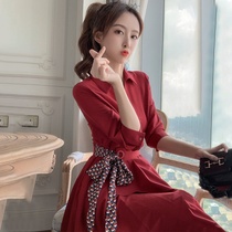 Red shirt dress spring 2021 new goddess fan waist French temperament wind long sleeve polo skirt