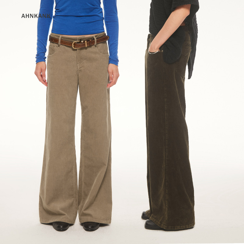Ahnkank Autumn New Vintage Mid-Low Waist Corduroy Straight Casual Pants Women's Brown/Khaki Trousers