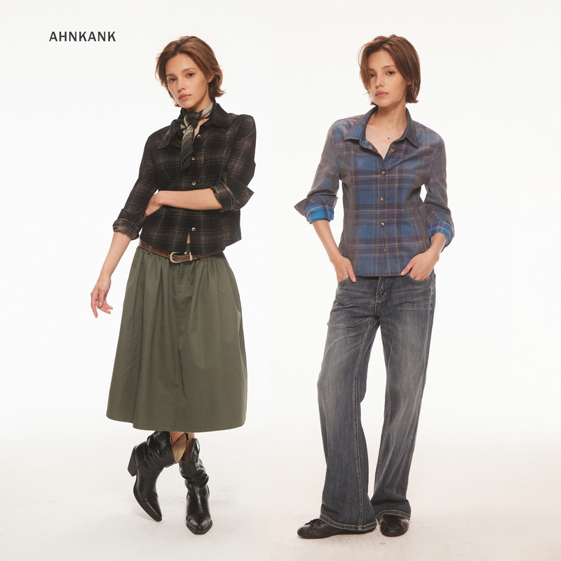 Ahnkank Autumn New Vintage Corduroy Slim Fit Plaid Shirt Women's Short Turn-Down Collar Long Sleeve Blouse Top