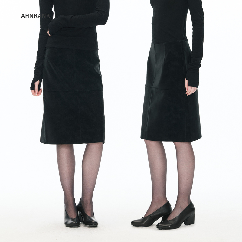 Ahnkank Autumn New Vintage Matte Straight Leather Skirt Women's Black Slim Fit Commuting Midi Skirt