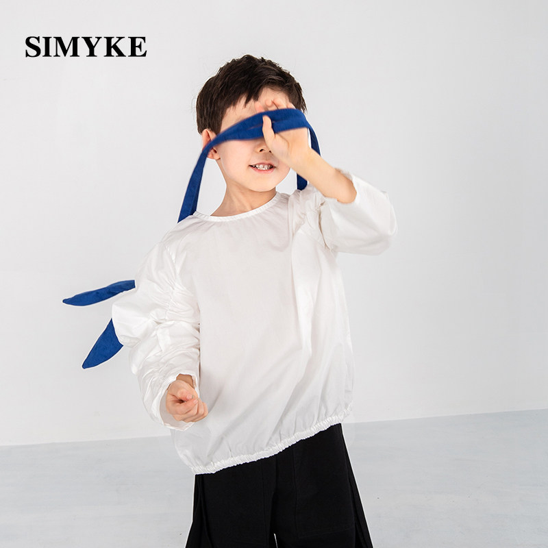 simyke walk show summer boomer children's bubble sleeve t shirt loose and thin long sleeve white chen art male and female child