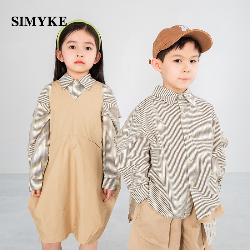 simyke walk show spring boomer children long sleeve shirt loose with lazy wind striped male and female shirt