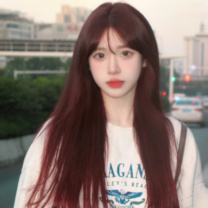 Wig for Women with Long Hair, Brightening Complexion, Wine Red Lolita Style, Natural Realistic Long Straight Hair, Fashionable and Sweet, Full Head Wig