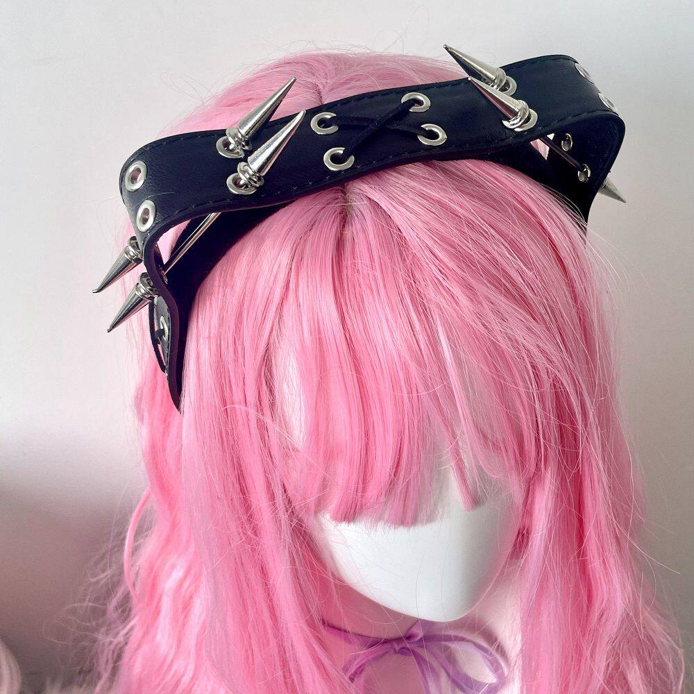 Anime-style studded cat ear headband, Y2K style punk leather headband, hot girl gothic claw headband