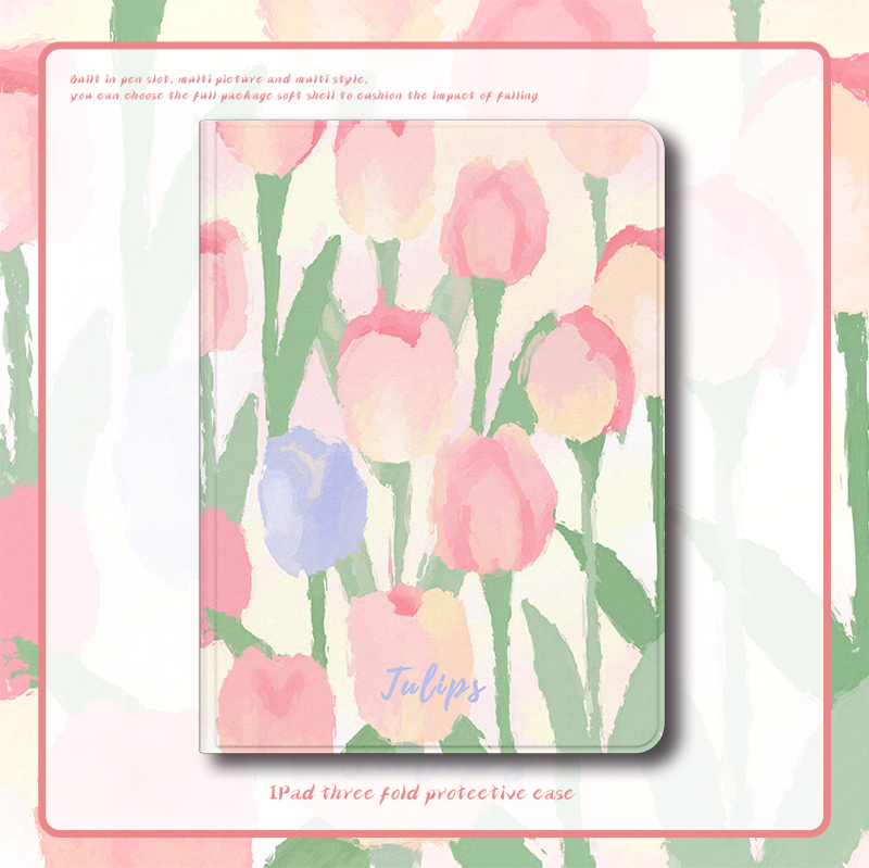 Suitable for ipad protective sleeves 2021ipad9 flat shell new mini6 spring and summer oil painting air4 tulip flower air2 with pen groove 10 2 inches nine generations Little Qing Dynasty