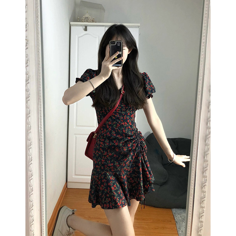 Sandro Bassa French short skirt 2022 new summer black high-end floral dress female