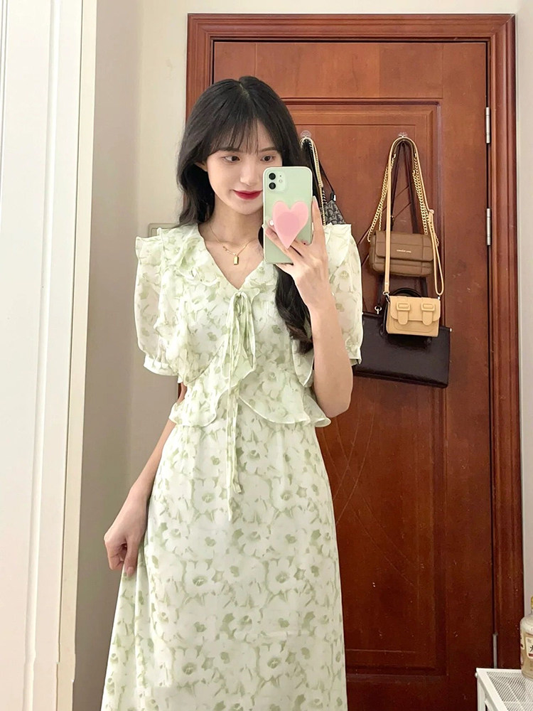 Sandor Bassa French temperament gentle wind skirt 2022 summer new waist green floral dress female