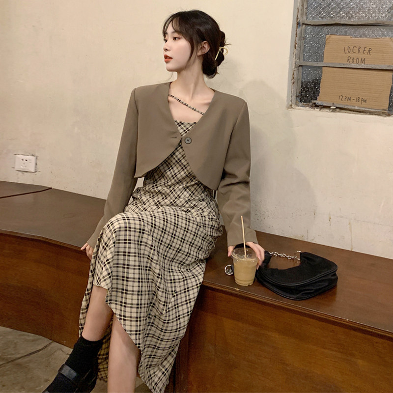 Sandro bassa early autumn net red suit French retro plaid suspender suit jacket two-piece dress