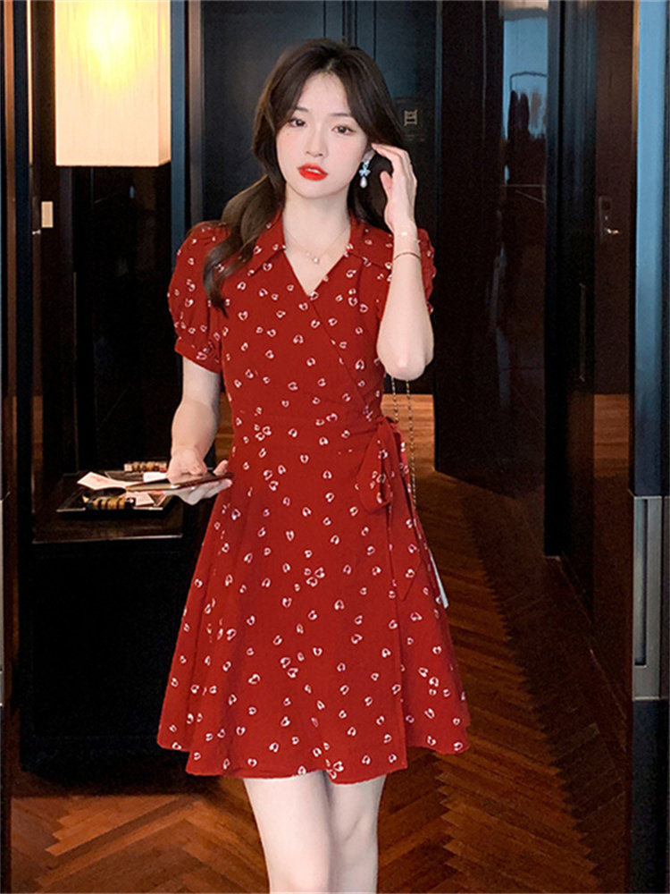 Sandor Bassa red short skirt 2022 new summer waist slimming floral dress female