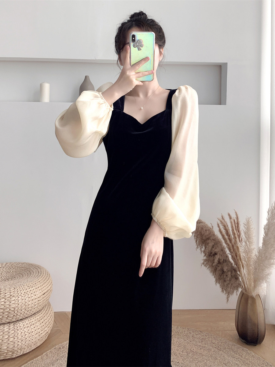 Sandro bassa early autumn design sense niche long-sleeved chic little black dress fashion Hepburn women's dress