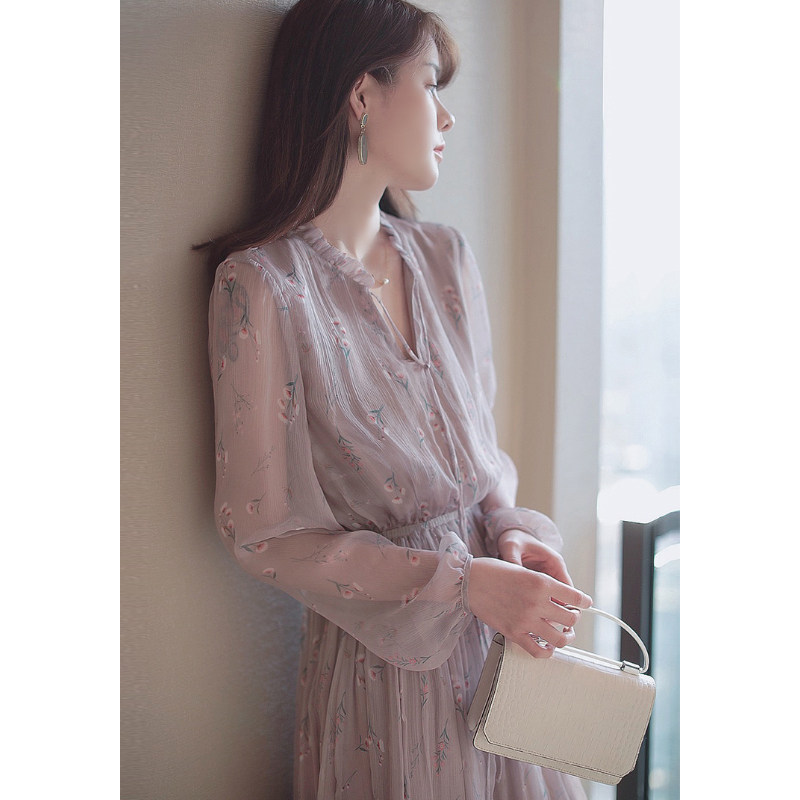 Sandro Bassa2022 new French style retro gentle wind purple advanced sensational dress women's summer