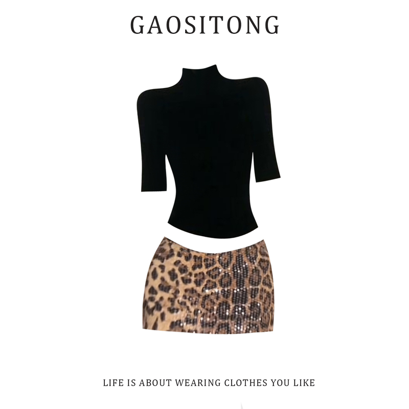 Gaositong Mature Style Half-High Collar Slim-Fit T-Shirt for Women Spring/Summer 2026 Hot Girl Sequin Leopard Print Bodycon Skirt Set