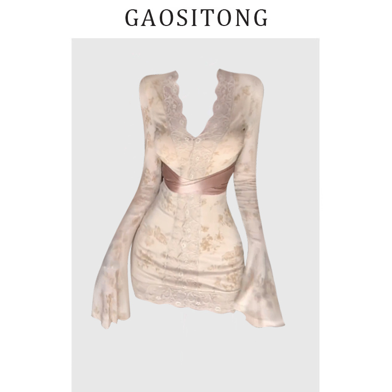 Gaositong Pure Desire Style Lace Patchwork V-Neck Flared Sleeve Dress for Women Spring/Summer 2026 Waist-Cinching Bodycon Dress