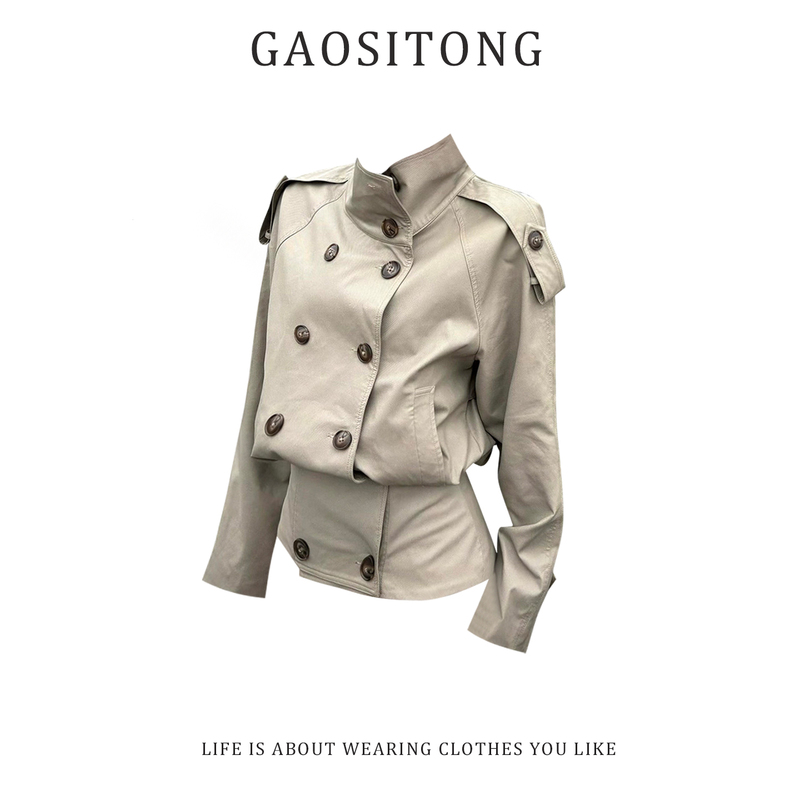 Gaositong British Style Khaki Double-Breasted Stand Collar Trench Coat for Women Summer 2026 Retro Design Short Jacket Gaositong British Style Khaki Double-Breasted Stand Collar Trench Coat for Women Summer 2026 Retro Design Short Jacket
