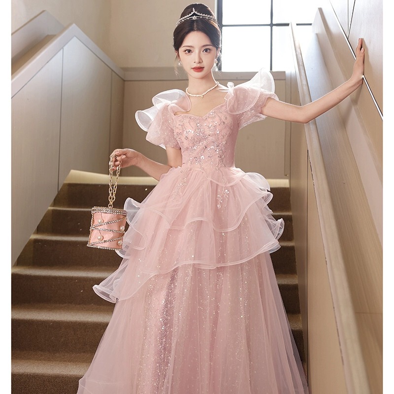 Pink Evening Dress for Women, French High-End Light Luxury, Niche Socialite, Birthday Host, Banquet, Vocal Arts Exam, Coming-Of-Age Ceremony