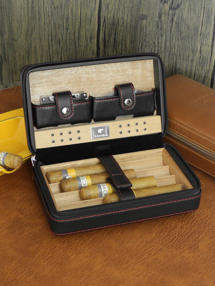 Cigar moisturizing bag portable cigar case with special scissors lighter tool set of snow pine wood