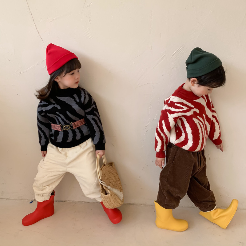 Children's Winter Thickened Sweater with Zebra Stripes for Boys and Girls, Warm Casual Knit Top for Babies, Sibling Matching Outfits Trendy