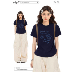 Navy Blue Regular Shoulder Short-Sleeve T-Shirt for Women 2025 New American Retro Chic Slim-Fit Short Summer Top