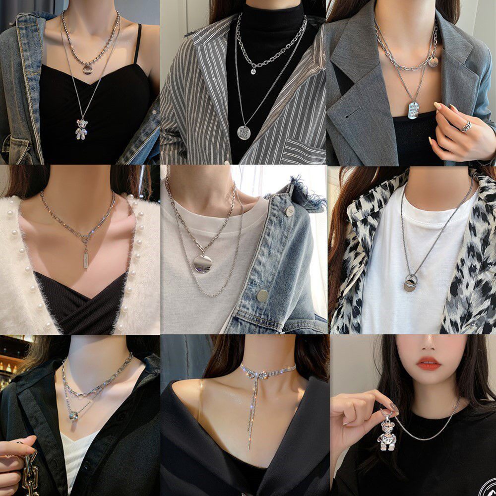 Internet celebrity double-layer full diamond bear hip-hop stacked necklace suit women's long style 2020 new sweater sweater chain pendant