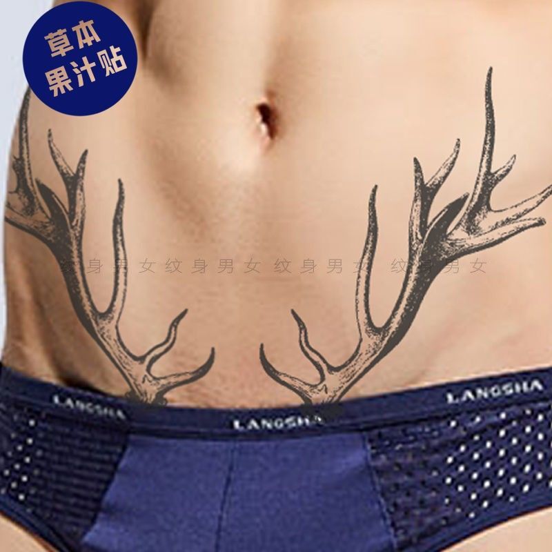 Succubus Tattoo Sticker for Men, Song of the Stag Juice Tattoo Sticker, Large Antlers, Lower Abdomen, Handsome Men, Waterproof and Long-Lasting