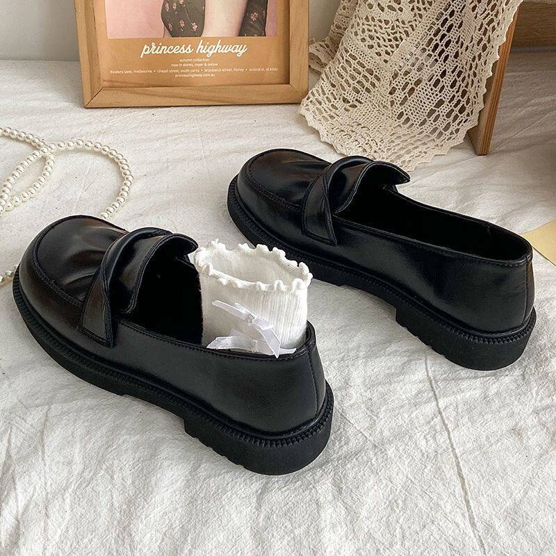 Mary Rare Shoes Autumn Winter Single Shoes Woman Flat flat Inn Wind Black Leather Shoes 100 Hitch Ride Chains Chauleford Shoe