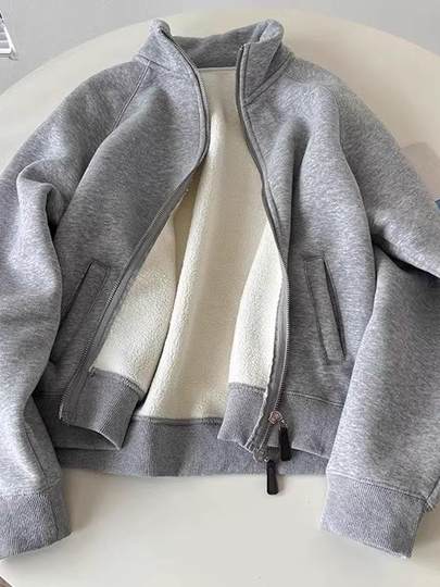 Winter Little Heater! Thickened Lamb Fleece Stand-Up Collar Sweatshirt for Women, Warm and Versatile, Casual Double-Zip Cardigan Jacket, Trendy