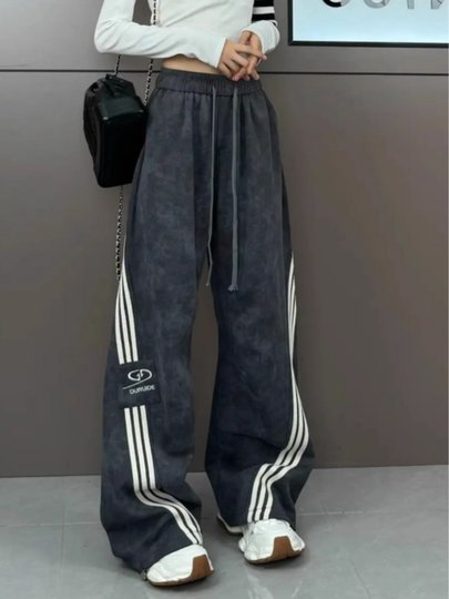 Gestreifte Batik-Freizeithose für Damen 2025 Herbst neue amerikanische Drei-Streifen-Hose mit weitem Bein, lockere, schlankmachende, bodenlange Hose mit geradem Bein