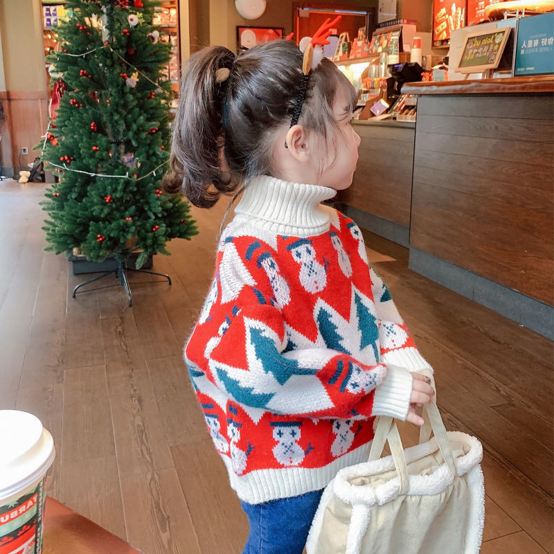 Girls sweater autumn and winter 2022 new cute Western style Christmas pullover turtleneck children's baby knitted bottoming shirt